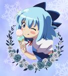  1girl ;p anime_coloring bangs blue_background blue_bow blue_dress blue_eyes blue_flower blue_hair blue_rose blush blush_stickers bow bowtie breasts cirno closed_mouth collar collared_shirt dress eyebrows_visible_through_hair fairy flower food hair_between_eyes hand_up highres ice_cream leaf looking_at_viewer medium_breasts one_eye_closed puffy_short_sleeves puffy_sleeves red_bow red_bowtie remyfive rose shirt short_hair short_sleeves smile snowflakes solo tongue tongue_out touhou upper_body white_flower white_rose white_shirt white_sleeves 