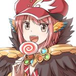  1girl :d bangs blue_wings brown_eyes cabbie_hat candy commentary_request eyebrows_visible_through_hair food fur_collar hat head_wings holding holding_candy holding_food holding_lollipop lollipop looking_at_viewer natsuya_(kuttuki) open_mouth orange_wings pink_hair ragnarok_online red_headwear short_hair simple_background smile solo sorcerer_(ragnarok_online) teeth two-tone_wings upper_body upper_teeth white_background wings 