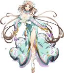  1girl :d aqua_dress aqua_sleeves bare_legs breasts brown_eyes brown_hair cleavage detached_sleeves dress earrings floating_hair flower full_body hair_flower hair_intakes hair_ornament highres jewelry langrisser langrisser_mobile large_breasts leg_ribbon long_dress long_hair long_sleeves looking_at_viewer official_art ribbon shiny shiny_hair shiny_skin side_slit sleeveless sleeveless_dress smile solo standing toeless_legwear transparent_background very_long_hair white_ribbon wide_sleeves yulia_(langrisser) 