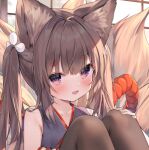  1girl amagi-chan_(azur_lane) animal_ears azur_lane bangs bare_shoulders black_legwear blush brown_hair chen_bin chinese_commentary close-up collarbone commentary_request eyebrows_visible_through_hair flat_chest fox_ears fox_girl fox_tail japanese_clothes kimono knees_up kyuubi legs_together looking_at_viewer multiple_tails open_mouth pantyhose purple_eyes sidelocks sitting sleeveless sleeveless_kimono smile solo tail thick_eyebrows twintails upper_body 