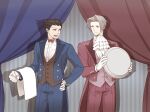  2boys :d ace_attorney ascot bangs black_hair blue_coat chizuma coat curtains formal gloves grey_hair hair_slicked_back looking_at_another male_focus miles_edgeworth multiple_boys no_bangs parted_bangs phoenix_wright red_coat ribbon smile suit tray white_ascot 