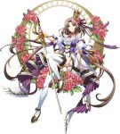  1girl breasts brown_eyes brown_hair cleavage closed_mouth collarbone crown floating_hair flower frilled_legwear full_body hair_flower hair_intakes hair_ornament hair_ribbon highres holding holding_sword holding_weapon langrisser langrisser_mobile large_breasts long_hair looking_at_viewer miniskirt neck_ribbon official_art pink_flower pink_rose purple_ribbon ribbon rose sitting skirt smile solo striped striped_ribbon sword thighhighs transparent_background very_long_hair weapon white_legwear white_skirt yulia_(langrisser) 