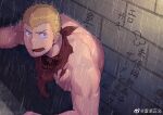  1boy ahr_studio bara blonde_hair chinese_commentary commentary_request large_pectorals male_focus mixed-language_commentary muscular muscular_male nipples original pectorals rain reward_available short_hair sideburns solo through_wall translated upper_body weibo_logo weibo_username 