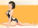  1girl ass bangs bare_shoulders black_swimsuit blush breasts brown_eyes brown_hair center_opening cleavage collarbone highleg highleg_swimsuit highres hiryuu_(kancolle) kantai_collection large_breasts legs one-piece_swimsuit open_mouth short_hair smile solo stretch swimsuit wa_(genryusui) 
