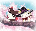  2girls animal animal_ears arm_up black_eyes black_headwear blue_sky blush bow branch brown_eyes cherry_blossoms closed_eyes closed_mouth colored_skin dark_skin frills gohei hakurei_reimu hamster_ears hamster_tail hamtaro_(series) hand_up hat hat_bow highres kirisame_marisa looking_at_viewer multiple_girls open_mouth parody purple_bow red_bow red_scarf remyfive scarf sitting sky smile star_(symbol) tail touhou tree white_skin witch_hat yellow_skin 