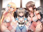  3girls :d armlet bangs bare_shoulders black_gloves blonde_hair blue_eyes blue_ribbon blush breasts brown_eyes brown_hair cleavage closed_mouth collarbone demon_girl demon_horns demon_tail demon_wings elf eyebrows_visible_through_hair eyelashes flower foreshortening gloves hair_between_eyes hair_flower hair_ornament hair_ribbon half_gloves heart heart-shaped_pupils highres horns large_breasts long_hair looking_at_viewer low_wings maebari midoriiro_no_shinzou multiple_girls navel non-web_source open_mouth original outstretched_arm outstretched_arms outstretched_hand photoshop_(medium) pointy_ears reaching reaching_out red_eyes ribbon rose sidelocks skindentation smile stomach symbol-shaped_pupils tail thighhighs twintails very_long_hair white_flower white_rose wings 