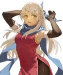  1girl arms_up backlighting bangs bare_shoulders black_gloves black_legwear bloom blue_scarf blurry cowboy_shot depth_of_field dress elbow_gloves fire_emblem fire_emblem:_radiant_dawn gloves hair_ribbon highres leggings light_particles long_hair looking_at_viewer micaiah_(fire_emblem) pantyhose ribbon scarf side_slit silver_hair simple_background sleeveless sleeveless_dress smile solo teeth upper_body white_background yellow_eyes yuissad 