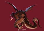  1boy absurdres ass bara breathing_fire bulge dragon_boy dragon_horns dragon_tail dragon_wings fire from_behind full_body highres horns male_focus muscular muscular_male original red_background scales solo tail testicle_peek thick_thighs thighs thong topless_male underwear underwear_only weibo_logo weibo_username wings xiaolumiaoliya 
