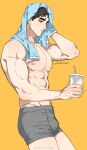  1boy abs anderain artist_name bara boxers brown_hair closed_mouth cup disposable_cup eyepatch grey_male_underwear highres holding holding_cup large_pectorals male_focus male_underwear muscular muscular_male nipples ombra_(anderain) one_eye_covered original pectorals short_hair simple_background solo thighs towel towel_on_head underwear weibo_username 