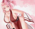  1girl ass bangs breasts cleavage closed_mouth commission cosplay fatal_fury groin hair_ornament highres japanese_clothes kimono large_breasts leaning_forward looking_at_viewer pink_eyes pink_hair ponytail red_kimono saigyouji_yuyuko shiranui_(wasuresateraito) shiranui_mai shiranui_mai_(cosplay) short_hair skeb_commission smile solo touhou 