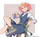  1girl amanda_o&#039;neill arikindows10 artist_name chair character_name collared_shirt crossed_legs cup green_eyes grey_background holding holding_cup little_witch_academia long_sleeves looking_at_viewer luna_nova_school_uniform multicolored_hair open_mouth orange_hair pleated_skirt red_hair school_uniform shirt shoes short_hair sitting skirt smug sneakers solo teeth twitter_username two-tone_background two-tone_hair wand white_background white_shirt wooden_chair 