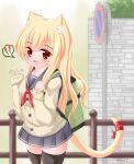  1girl :d animal_ear_fluff animal_ears backpack bag bangs blonde_hair blurry blurry_background blush brown_cardigan cardigan cat_ears cat_girl cat_tail commentary_request depth_of_field eyebrows_visible_through_hair fang grey_sailor_collar grey_skirt hair_between_eyes hands_up highres kanijiru long_hair long_sleeves looking_at_viewer neckerchief no_parking_sign original pleated_skirt railing red_eyes red_neckerchief red_ribbon ribbon sailor_collar school_uniform serafuku skirt sleeves_past_wrists smile solo tail tail_ornament tail_ribbon thighhighs twitter_username very_long_hair waving 