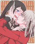  2girls @_@ aqua_eyes aqua_lips ba_90mushi black_hair blue_eyes blush commentary_request food food_in_mouth hands_on_another&#039;s_cheeks hands_on_another&#039;s_face highres hyakkaou_academy_uniform igarashi_sayaka kakegurui lipstick makeup momobami_kirari multiple_girls open_mouth pocky pocky_kiss wavy_mouth white_hair yuri 