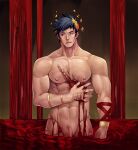  1boy abs bara black_hair blood blood_on_hands green_eyes hades_(game) hand_on_own_chest heterochromia highres large_pectorals laurel_crown looking_to_the_side male_focus multicolored_eyes muscular muscular_male navel nipples nude open_mouth partially_submerged pectorals pool_of_blood red_eyes short_hair solo winemvee zagreus_(hades) 