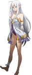  1girl ahoge ankle_ribbon armlet arms_behind_back bangs bare_legs barefoot breasts bridal_gauntlets brown_eyes choker circlet cleavage closed_mouth collarbone detached_sleeves full_body hair_between_eyes highres langrisser langrisser_mobile leotard long_hair long_sleeves medium_breasts official_art pointy_ears purple_leotard ribbon silver_hair smile solo standing straight_hair strapless strapless_leotard thighlet transparent_background very_long_hair white_choker white_ribbon white_sleeves zerida 