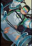  1boy ahr_studio arms_up ass ass_visible_through_thighs bara black_hair bodysuit bulge clenched_teeth covered_abs covered_navel dark-skinned_male dark_skin erection erection_under_clothes facial_hair flaccid glasses goatee green_hair grey_bodysuit highres kyoichi_(live_a_hero) large_pectorals live_a_hero male_focus multicolored_hair muscular muscular_male pectorals penis penis_peek short_hair sideburns skin_tight slime_(substance) solo spread_legs streaked_hair teeth tentacles tentacles_on_male testicles thick_thighs thighs torn_bodysuit torn_clothes twitching two-tone_hair 