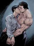 2boys bandages bara batman batman_(series) black_hair black_pants bruce_wayne chest_hair closed_eyes collared_shirt dc_comics dick_grayson facial_hair father_and_son hand_on_another&#039;s_hip incest kiss large_pectorals midriff_sarashi multiple_boys muscular muscular_male nakadoori nightwing nipples pants pectorals sarashi shirt short_hair sideburns simple_background topless_male white_shirt yaoi 