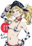  1girl 2021 alternate_breast_size animal_ears animal_print arad_baranga arm_up bell bikini blonde_hair blue_eyes breasts chinese_zodiac collar collarbone covered_nipples cow_horns cow_print cowbell detached_sleeves ear_tag fake_animal_ears hand_on_headwear hand_on_hip highres horns horns_through_headwear large_breasts long_hair monika_weisswind navel neck_bell one_eye_closed red_collar shingeki_no_bahamut simple_background skirt small_breasts smile solo swimsuit teeth twintails white_background white_horns year_of_the_ox 