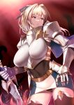  1girl armor blonde_hair blue_eyes boobplate breastplate commentary_request gauntlets gloves harunori_oogami highres holding holding_weapon knight leotard leotard_under_clothes long_hair original shoulder_armor skirt standing sword tentacles thighhighs weapon 