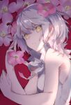  1girl bare_shoulders colored_eyelashes flower from_above goma0616 highres kudou_chitose looking_at_viewer lying nijisanji on_side pink_flower red_background sleeveless solo upper_body virtual_youtuber white_hair yellow_eyes 
