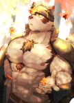  1boy :o abs absurdres ainu_clothes animal_ears autumn_leaves bara bare_pectorals belt chest_hair crow_(siranui) furry furry_male grey_fur grey_hair headband highres horkeu_kamui jacket jacket_on_shoulders large_pectorals leaf leaf_on_head male_focus maple_leaf multicolored_hair muscular muscular_male navel nipples pectorals scar scar_on_chest short_hair silver_hair solo stomach sunlight tail tokyo_afterschool_summoners two-tone_fur two-tone_hair upper_body white_fur wolf_boy wolf_ears wolf_tail yellow_eyes 