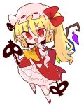  1girl ascot blonde_hair bow commentary crystal fang flandre_scarlet frilled_shirt frilled_shirt_collar frilled_skirt frilled_sleeves frills hat hat_ribbon highres medium_hair mob_cap one_side_up op_na_yarou puffy_short_sleeves puffy_sleeves red_bow red_eyes red_ribbon red_skirt red_vest ribbon shirt short_sleeves simple_background skirt solo touhou vest white_background white_shirt wings yellow_ascot 