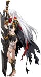  1girl ahoge armor bandaged_arm bandaged_leg bandages bangs barefoot bikini_armor chain closed_mouth full_body hair_between_eyes highres holding holding_sword holding_weapon langrisser langrisser_mobile long_hair mask official_art pointy_ears red_eyes red_scarf sarashi scarf shiny shiny_hair shoulder_armor silver_hair smile solo standing straight_hair sword thighlet transparent_background very_long_hair weapon zerida 