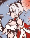  +_+ 1girl armor bangs bare_shoulders blue_eyes breasts cape cleavage closed_mouth commentary_request earrings gauntlets grey_background hair_between_eyes hair_ornament honkai_(series) honkai_impact_3rd jewelry kiana_kaslana kiana_kaslana_(herrscher_of_flamescion) ponytail red_cape solo white_background white_hair xkaishaku 