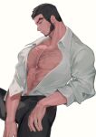  1boy alternate_facial_hair arm_hair bara bare_pectorals beard black_hair brown_eyes buzz_cut chest_hair collared_shirt facial_hair feet_out_of_frame golden_kamuy hairy large_pectorals looking_down male_focus mature_male muscular muscular_male navel navel_hair nipple_slip nipples open_clothes open_shirt pectorals semine_shenmu shirt short_hair sitting sleeves_rolled_up solo tanigaki_genjirou thick_eyebrows very_short_hair white_shirt 