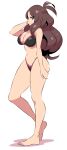  1girl barefoot breasts brown_hair cleavage closed_mouth feet highres hilda_(pokemon) large_breasts long_hair looking_at_viewer nac000 pokemon pokemon_(game) pokemon_bw simple_background smile solo swimsuit white_background 