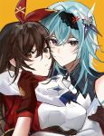  2girls 3o_c amber_(genshin_impact) bangs blue_eyes blue_hair brown_eyes brown_gloves brown_hair cheek-to-cheek closed_mouth eula_(genshin_impact) genshin_impact gloves hair_between_eyes hair_ornament headband heads_together highres hug long_hair long_sleeves looking_at_viewer multiple_girls open_mouth short_sleeves simple_background teeth yellow_background 
