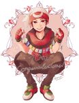  1boy beanie brendan_(pokemon) brown_pants collared_shirt commentary_request fingerless_gloves full_body gloves hands_up hat holding male_focus open_mouth pants pokemon pokemon_adventures red_eyes shirou_(shiro_uzr) shirt shoes smile solo spread_legs squatting teeth twitter_username w_arms white_headwear 