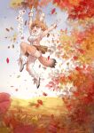  animal_ears autumn autumn_leaves brown_hair commentary_request day dhole_(kemono_friends) dog_ears dog_girl dog_tail extra_ears falling_leaves jumping kemono_friends kemono_friends_3 leaf looking_at_viewer nature nyororiso_(muyaa) outdoors panties pantyshot scenery skirt tail thighhighs translation_request tree underwear 