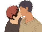  2boys aomine_daiki blue_eyes blue_hair chinese_commentary dark-skinned_male dark_skin eye_contact kagami_taiga kiss kuroko_no_basuke looking_at_another male_focus multiple_boys red_eyes red_hair shirt simple_background sweatdrop sweater upper_body white_background xuan_zhi_yue_ying yaoi 