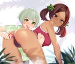  1boy 1girl anal_beads anus artist_name ass bent_over black_panties brown_eyes brown_hair cameltoe forest green_eyes green_shirt grey_hair height_difference hetero licking looking_back mole mole_under_eye nature original panties plant rezodwel self_upload sex_toy shirt smile tan twintails underwear 