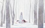  1girl absurdly_long_hair absurdres blood blood_on_clothes commentary dress footprints highres long_hair long_sleeves looking_at_viewer nashiko_(nanaju_ko) original snow solo standing tree very_long_hair white_dress white_hair wide_shot 