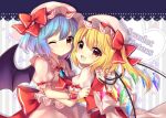  2girls ;d ascot back_bow bangs bat_wings blonde_hair blue_hair blush bow brooch commentary commentary_request crystal english_text eyebrows_visible_through_hair eyelashes fang flandre_scarlet frilled_shirt_collar frills full_body hat hat_bow hat_ribbon heart hug jewelry looking_at_viewer mob_cap multicolored_wings multiple_girls one_eye_closed puffy_short_sleeves puffy_sleeves red_bow red_eyes red_ribbon remilia_scarlet ribbon ruhika sash shirt short_hair short_sleeves siblings side_ponytail sisters skirt smile sparkle standing striped striped_background touhou upper_body white_background white_sash white_shirt wings 