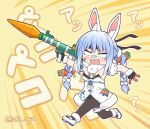  1girl animal_ear_fluff animal_ears blue_hair braid carrot_hair_ornament chibi food-themed_hair_ornament hair_ornament hololive kukie-nyan long_hair multicolored_hair pantyhose rabbit_ears rocket_launcher rpg rpg-7 twin_braids two-tone_hair usada_pekora virtual_youtuber weapon white_hair 