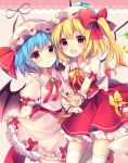  2girls :d ascot back_bow bangs bat_wings blonde_hair blue_hair blush bow commentary_request crystal dotted_background dress emerald_(gemstone) feet_out_of_frame fingernails flandre_scarlet hat hat_bow hat_ribbon highres jewelry looking_at_viewer mary_janes mob_cap multicolored_wings multiple_girls one_side_up petticoat pink_background puffy_short_sleeves puffy_sleeves red_bow red_eyes red_ribbon red_skirt red_vest remilia_scarlet ribbon ruhika sash shoes short_sleeves siblings side_ponytail sisters skirt skirt_set smile standing thighhighs touhou upper_body v vest white_dress white_legwear wings wrist_cuffs 