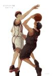  2boys aomine_daiki ball basketball basketball_uniform blue_hair chinese_commentary dark-skinned_male dark_skin highres holding holding_ball jumping kagami_taiga kuroko_no_basuke male_focus multiple_boys red_hair shoes short_hair shorts sneakers sportswear sweat toned toned_male xuan_zhi_yue_ying 