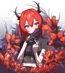  1girl absurdres arknights beudelb black_gloves black_shirt blurry bokeh cellphone depth_of_field eyebrows_visible_through_hair flower gloves hair_between_eyes heart highres horns jewelry lily_(flower) looking_at_viewer navel necklace parted_lips phone purple_eyes red_hair ring rose shirt short_sleeves single_glove slit_pupils solo surtr_(arknights) surtr_(liberte_echec)_(arknights) upper_body 