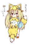  1girl animal animal_ear_fluff animal_ears bangs blonde_hair blue_dress blue_eyes blush brown_footwear chibi closed_mouth commentary_request dress ears_through_headwear fox fox_ears fox_girl fox_tail full_body hair_between_eyes hat highres holding holding_animal long_hair long_sleeves looking_at_viewer mito_(go!go!king!) original pleated_dress school_hat shoes short_eyebrows simple_background socks solo tail thick_eyebrows translated very_long_hair white_background white_legwear 