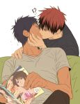 !? 2boys aomine_daiki blue_hair chinese_commentary closed_eyes couch dark-skinned_male dark_skin hand_on_another&#039;s_face head_tilt holding holding_magazine kagami_taiga kiss kuroko_no_basuke magazine_(object) male_focus multiple_boys on_couch pants red_hair shirt short_hair short_sleeves sitting surprised xuan_zhi_yue_ying yaoi 