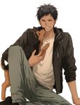  1boy aomine_daiki black_jacket blue_pants chinese_commentary closed_eyes dark-skinned_male dark_skin dog facing_viewer grin jacket knee_up kuroko_no_basuke male_focus open_clothes open_jacket pants shirt simple_background sitting smile white_background white_shirt xuan_zhi_yue_ying 