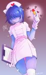  1other bangs blue_hair blue_skin blush clipboard closed_mouth colored_skin commentary_request deltarune dress gloves hair_over_eyes hat heart highres holding holding_clipboard kris_(deltarune) nurse nurse_cap pill senjochi_janai shaded_face short_hair short_sleeves simple_background sparkle sweat thighhighs translation_request white_dress white_gloves white_headwear white_legwear 