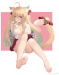  1girl absurdres ahoge animal_ear_fluff animal_ears bangs bare_legs barefoot bell blonde_hair blue_eyes blush breasts cardigan cat_ears cat_girl cat_tail chinese_commentary closed_mouth collared_shirt colored_inner_hair commentary_request eyebrows_visible_through_hair feet foot_focus foreshortening full_body green_hair grey_cardigan hair_between_eyes hair_ornament hair_ribbon heart heart-shaped_pupils highres jingle_bell jiusan_naitan kaguyano large_breasts looking_at_viewer multicolored_hair no_bra off_shoulder open_cardigan open_clothes open_shirt panties plaid plaid_skirt red_ribbon red_skirt ribbon saliva shirt simple_background sitting skirt soles solo symbol-shaped_pupils tail tail_bell tail_ornament tail_raised tail_ribbon thousand_island_(kaguyano) toes underwear weibo_username white_background white_panties white_shirt 