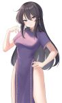  1girl absurdres aurapls ayra_(fire_emblem) black_hair breasts closed_mouth commentary dress earrings english_commentary fire_emblem fire_emblem:_genealogy_of_the_holy_war frown hand_on_hip hand_up head_tilt highres jewelry long_hair looking_at_viewer medium_breasts pelvic_curtain purple_dress purple_eyes short_sleeves side_slit simple_background solo standing thighs v-shaped_eyebrows white_background 