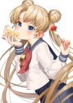  1girl bangs bishoujo_senshi_sailor_moon blonde_hair blue_eyes blue_sailor_collar blue_skirt blush bow bowtie cake cake_slice double_bun earrings eating eyebrows_visible_through_hair food food_in_mouth fork from_side fruit highres holding holding_food holding_fork jewelry long_hair long_sleeves looking_at_viewer looking_to_the_side red_bow red_bowtie ryota_(ry_o_ta) sailor_collar school_uniform serafuku shirt sidelocks simple_background skirt solo strawberry tsukino_usagi very_long_hair white_background white_shirt 