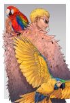  1boy animal_on_shoulder bird bird_on_shoulder blonde_hair commentary donquixote_doflamingo from_behind fur_coat grin hand_up highres killuaz1130 male_focus one_piece parrot pink_coat smile solo sunglasses wings 
