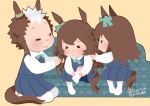  3girls animal_ears bow braid braiding_hair brown_hair couch dress ear_bow ear_ornament green_bow hairdressing horse_ears horse_girl horse_tail kneehighs long_hair mejiro_bright_(umamusume) mejiro_dober_(umamusume) mejiro_ryan_(umamusume) multiple_girls onikobe_rin pinafore_dress seiza short_hair signature sitting smile tail thighhighs umamusume wavy_hair white_hair white_legwear younger 